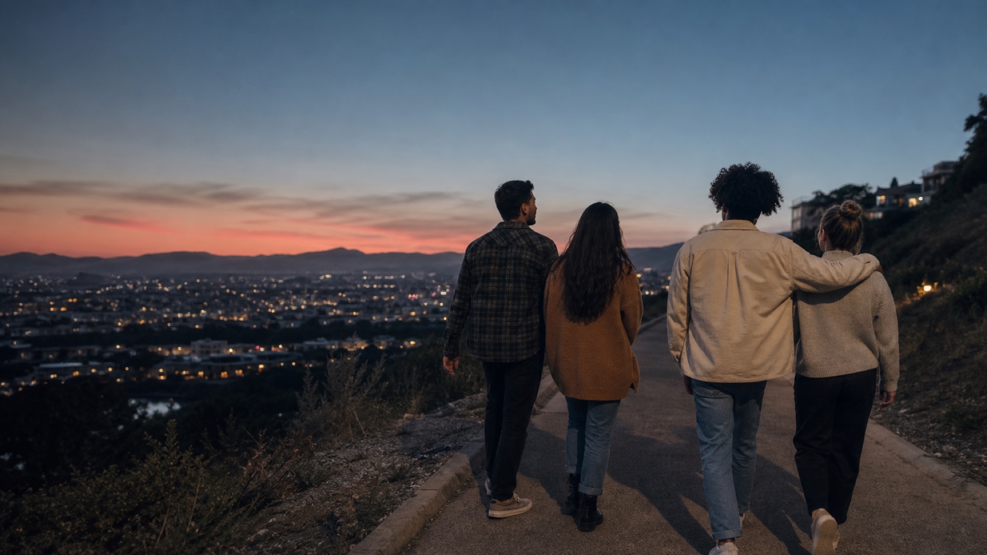 Friends walking together above the city at dusk