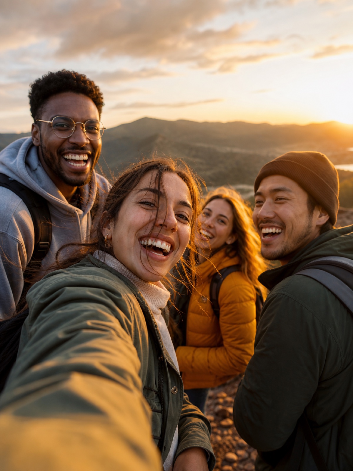 Friends taking a spontaneous photo together at sunset